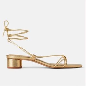 Zara Gold metallic block heel lace up sandals size 41